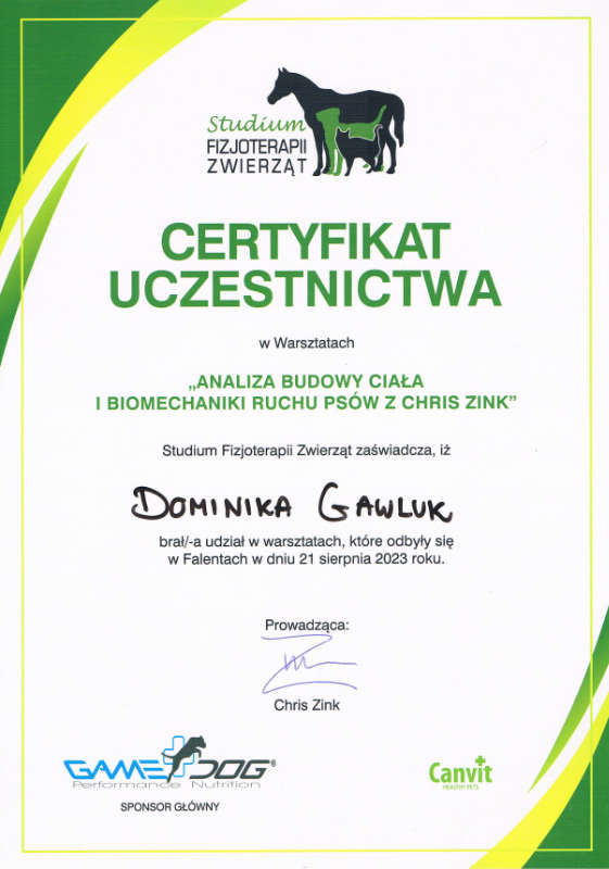 Certyfikat uczestnicwa Analiza budowy ciała i biomechaniki ruchu psów z Chris Zink