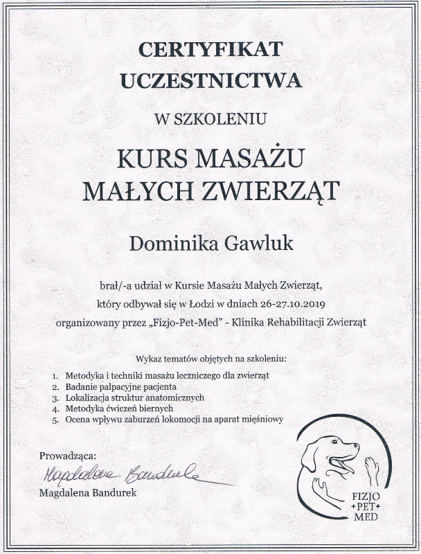 Certyfikat Kurs masażu małych zwierząt