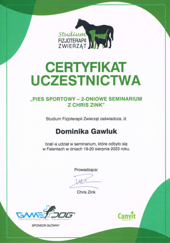 Certyfikat uczestnictwa Pies sportowy - 2-dniowe seminarium z Chris Zink