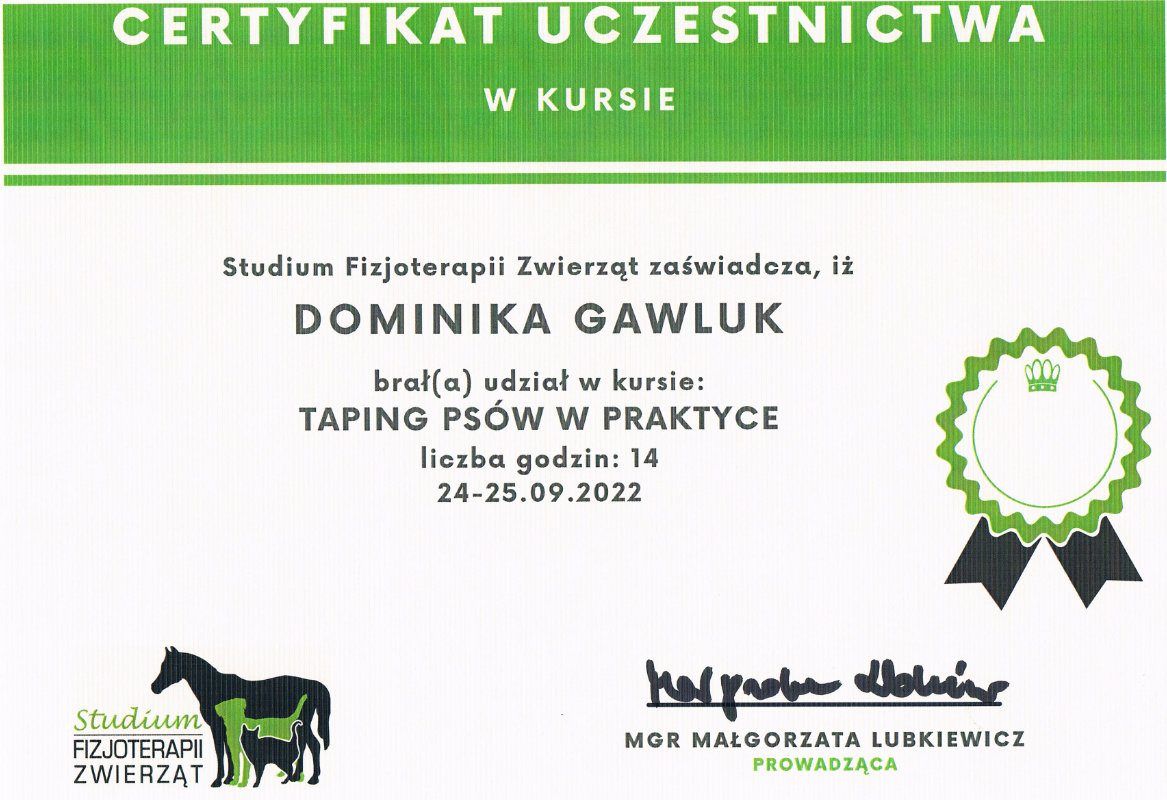Certyfikat uczestnictwa Taping psów w praktyce