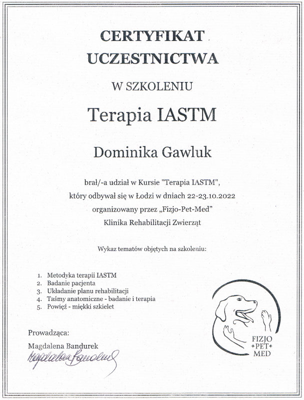 Certyfikat uczestnictwa w szkoleniu Terapia IASTM