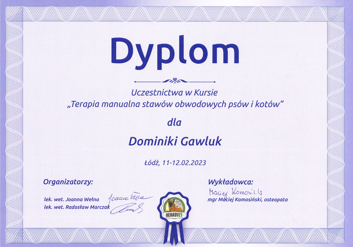 Dyplom uczestnictwa w kursie Terapia manualna stawów obwodowych psów i kotów