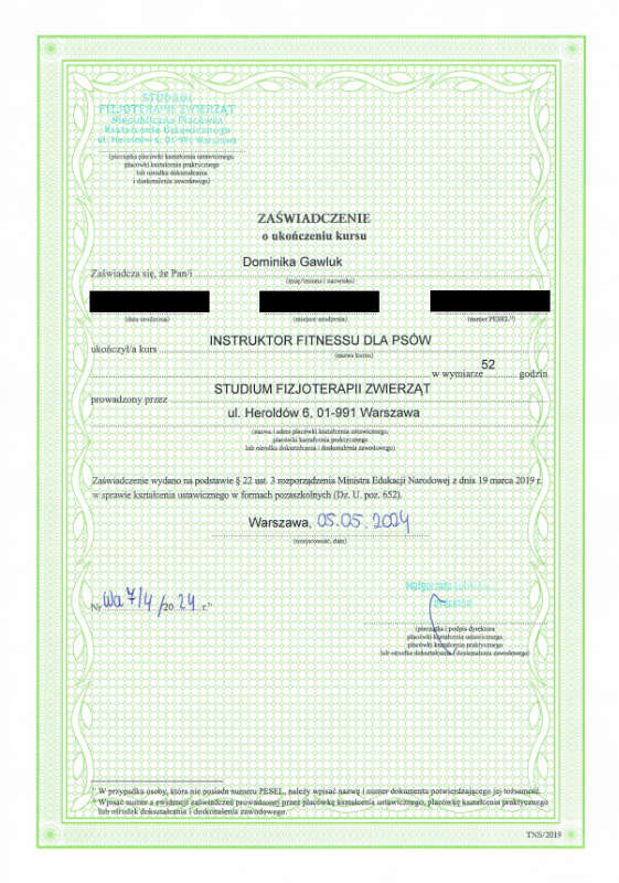 Zaświadczenie Instruktor fitnessu dla psów