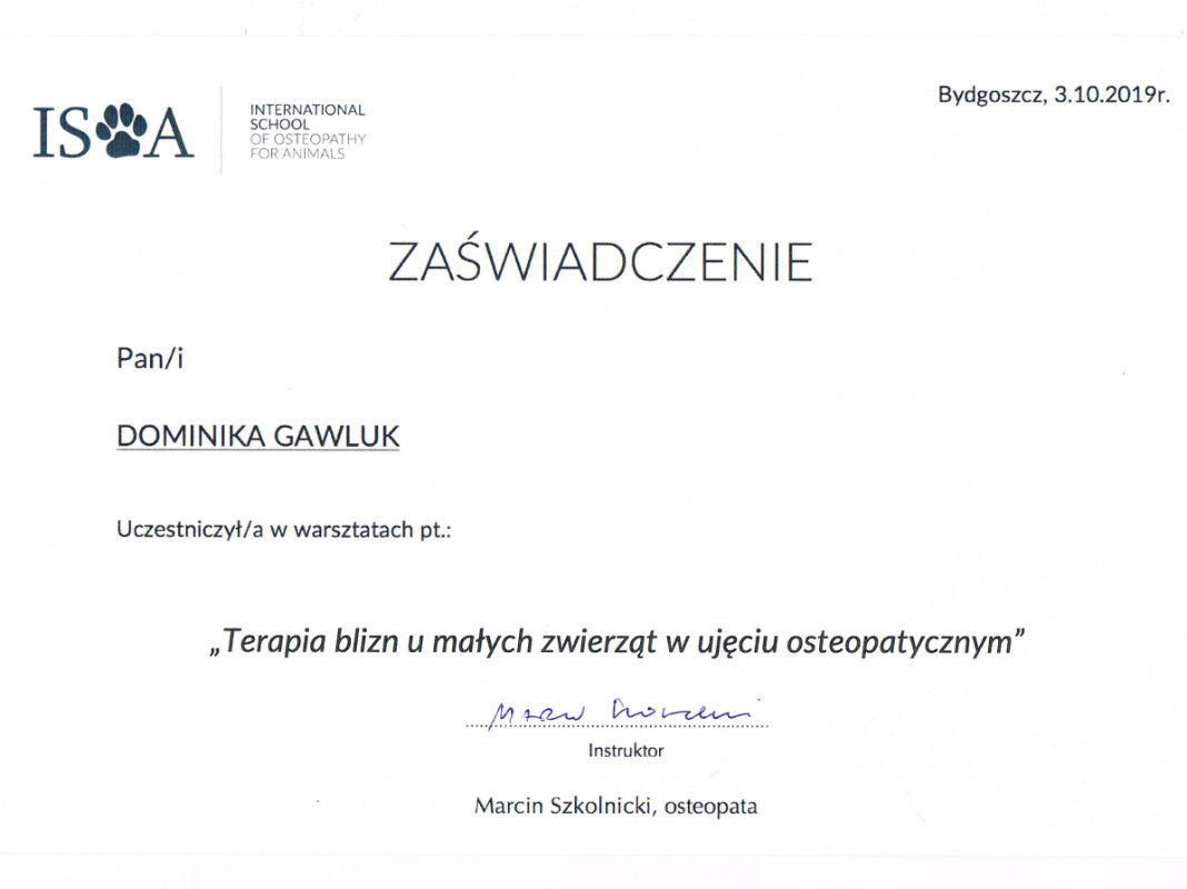 Zaświadczenie Terapia blizn u małych zwierząt w ujęciu osteopatycznym