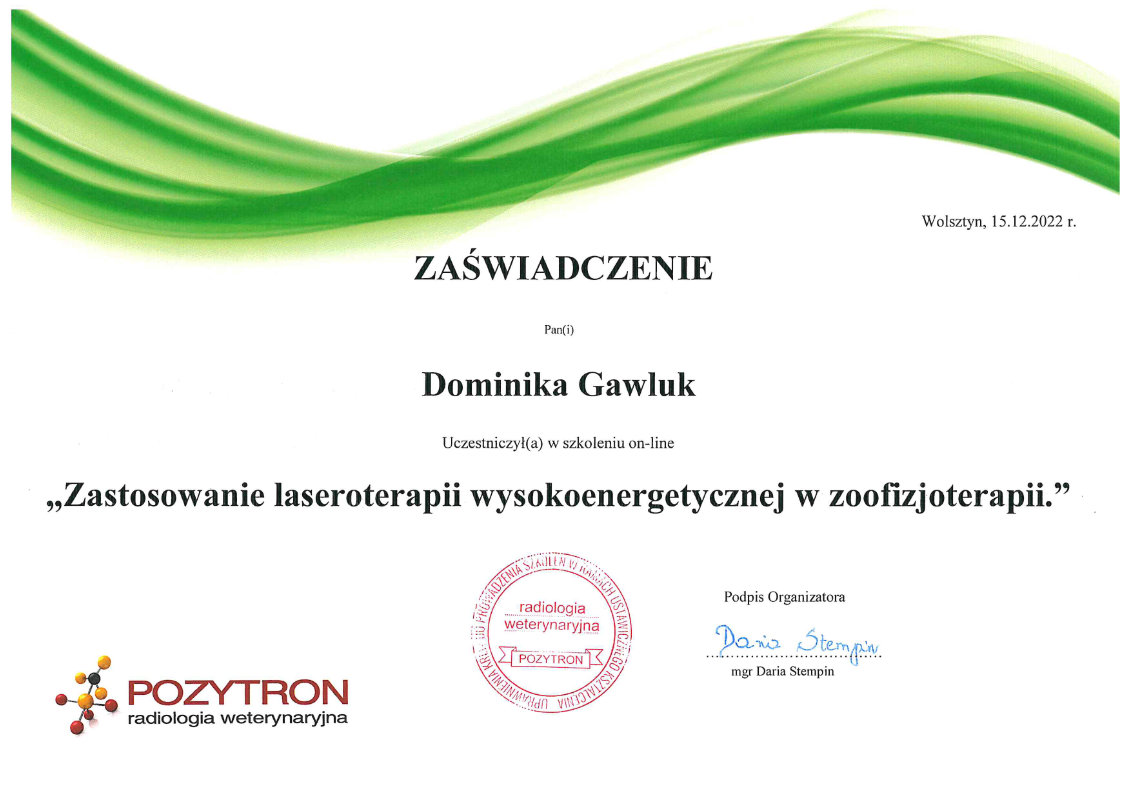 Zaświadczenie Zastosowanie laseroterapii wysokoenergetycznej w zoofizjoterapii