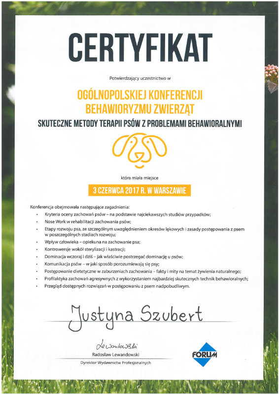 Certyfikat Skuteczne metody terapii psów z problemami behawioralnymi