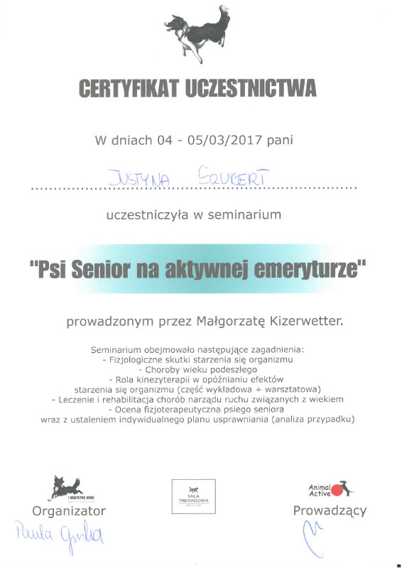 Certyfikat uczestnictwa w seminarium Psi Senior na aktywnej emeryturze