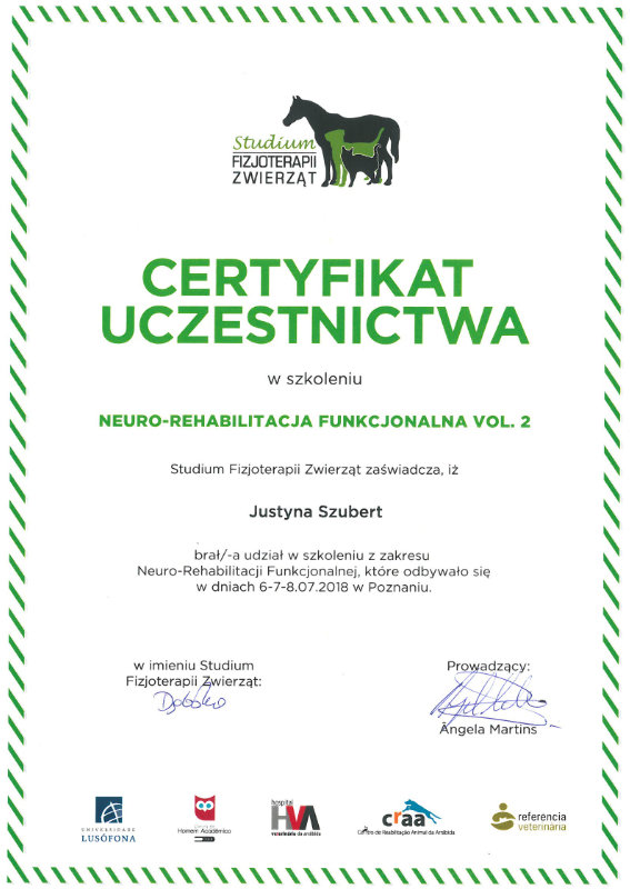 Certyfikat uczestnictwa w szkoleniu Neuro-rehabilitacja funkcjonalna vol.2
