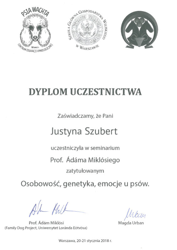 Dyplom uczestnictwa w seminarium Osobowość, genetyka, emocje u psów