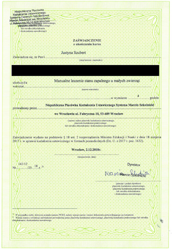 Zaświadczenie o ukończeniu kursu Manualne leczenie stanu zapalnego u małych zwierząt