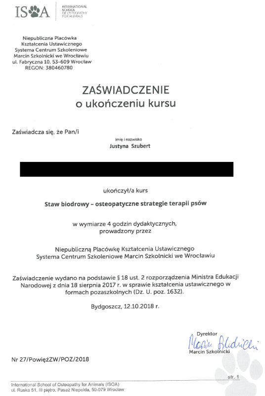 Zaświadczenie o ukończeniu kursu Staw biodrowy - osteopatyczne strategie terapii psów