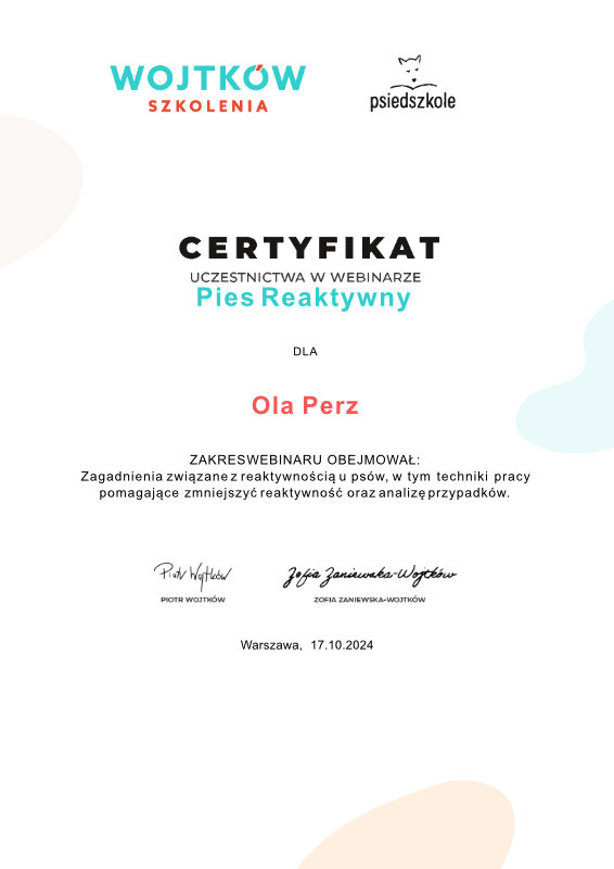 Certyfikat uczestnictwa w webinarze Pies reaktywny